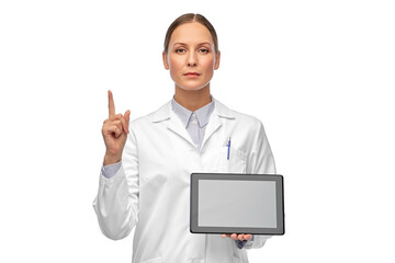 medicine, profession and healthcare concept - female doctor or scientist in white coat with tablet pc computer pointing finger up