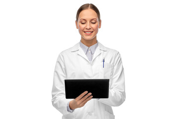 medicine, profession and healthcare concept - happy smiling female doctor or scientist in white coat with tablet pc computer