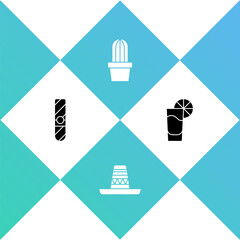 Set Cigar, Mexican sombrero, Cactus or succulent in pot and Tequila glass with lemon icon. Vector.