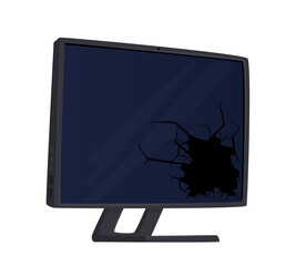 Broken Computer Monitor with Hole and Cracks on Screen Isolated on White Background. Destroyed Appliances, Pc Repair