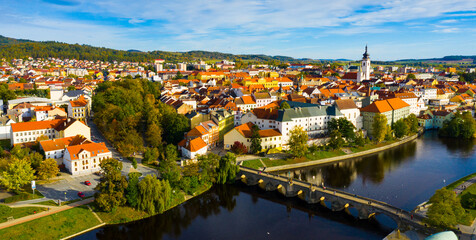 Fototapeta na wymiar Aerial view of picturesque Czech town Pisek in South Bohemia