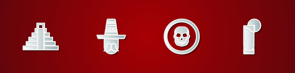 Set Chichen Itza in Mayan, Mexican man sombrero, skull coin and Tequila glass with lemon icon. Vector.