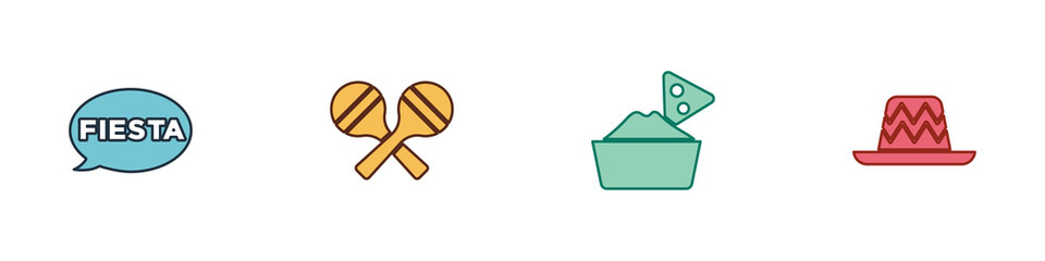 Set Fiesta, Maracas, Nachos in bowl and Mexican sombrero icon. Vector.