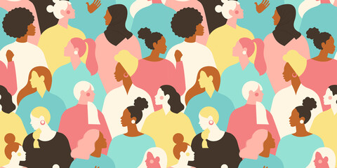 International Womens Day. Vector seamless pattern with with groupe of women different nationalities and cultures. Struggle for freedom, independence, equality.