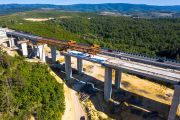 Construction of a new bridge. Drone view