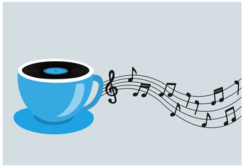 a cup of coffee or tea with a musical record and notes