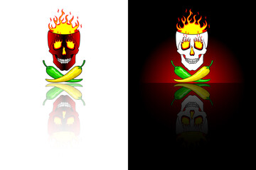 Super Hot peppers. Yellow green hot peppers on the background of burning skull. With mirror reflection
