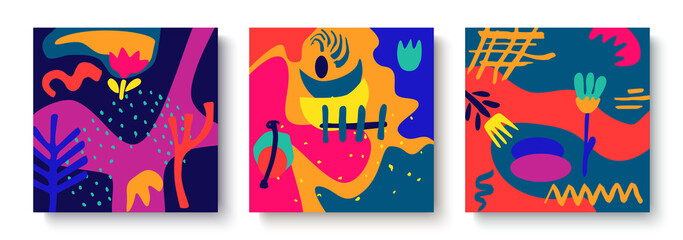 A set of bright abstract backgrounds.Hand-drawn various shapes and doodle objects.Modern fashion vector illustrations.