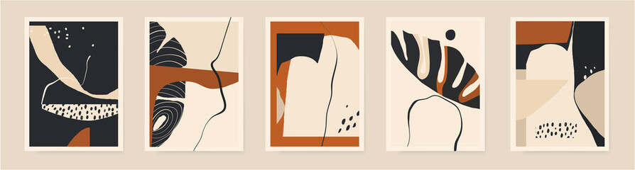 Modern minimalist abstract aesthetic illustrations with plants. Contemporary wall decor. Collection of creative artistic posters. 