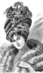 Ladies hat and hairdressing fashion 1907,  broad hats with flowers, Gibson girl hairstyle with piled up hairs, laces and voluminous coat