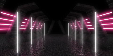 3D abstract background with neon lights. neon tunnel .space construction . 3d illustration