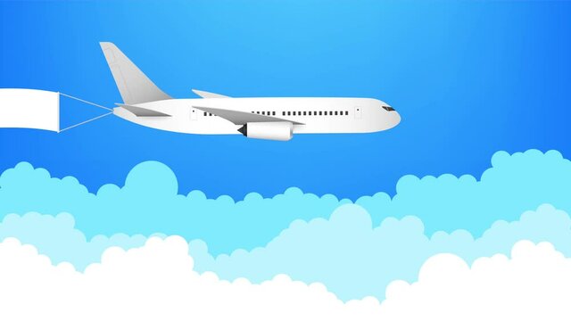 Airplane banner in flat style. Speed airplane aircraft jet with advertising banner ribbon in the cloudy sky. stock illustration.