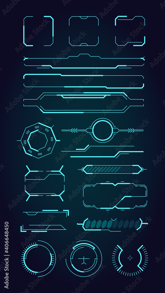Poster Hud ui elements. Sci fi infographic modern space symbols for web design interface futuristic digital frames for screen and dividers vector set. Hud ui, innovation layout panel interface illustration