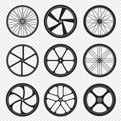 Fotobehang Bike wheels. Motor bicycle round shapes circle stylized fitness activity symbols.. Rubber gear wheel to bicycle, mountain bike circle illustration © ONYXprj