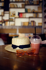 Restaurant table glass with juice hat glasses interior