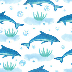 Obraz premium Watercolor blue seamless pattern with dolphins, bubbles and sea weed on white. Great for fabrics, wrapping papers, wallpapers, linens, baby clothes. Hand painted illustration. Beautiful textile print