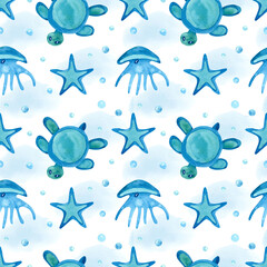 Watercolor blue seamless pattern with sea creatures and sea weed on white. Turtle, starfish, jellyfish. Great for fabrics, wrapping papers, wallpapers, linens, baby clothes. Hand painted illustration.