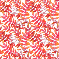 Seamless pattern with .berries and mountain ash branches. Watercolor illustration. The print is used for Wallpaper design, fabric, textile, packaging.