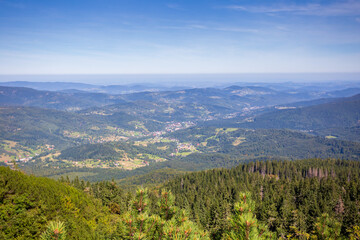 View from Babia Gora in Beskid Sadecki in Poland, mountain landscape on a sunny summer day