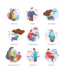 Fototapeta premium Sneezing allergies. Sickness characters season medical respiration problems vector garish flat. Medical allergic situation, influenza illness illustration