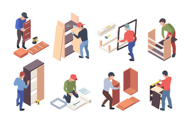 Obraz na płótnie Canvas Furniture production. Upholstered instruments for wooden furniture crafting workers assembly shelves and desks vector isometric. Furniture worker, wood profession, handyman and craftsman illustration