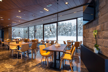 Interior of a modern mountain restaurant