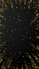 Gold triangles luxury sparkling confetti. Scattered small gold particles on black background. Divine festive overlay template. Neat vector background.