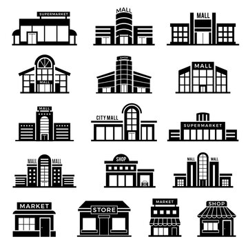 Supermarket facade. Retail shop exterior commercial mall buildings recent vector icons collection of store. Retail exterior building, storefront boutique, structure architecture illustration
