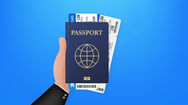 Blank passport template and airline tickets. International passport with sample personal data page. stock illustration.
