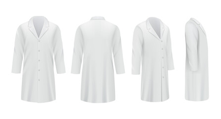 Medical coats. White templates professional doctor clothes specialists uniform decent vector mockup. Medical clothing suit, clothes uniform illustration