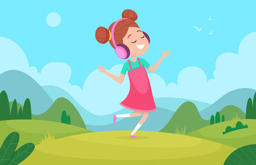 Obraz na płótnie Canvas Kids in headphones. Young people listen music relaxing teens pleasure exact vector childrens cartoon background. Character listening audio, girl smiling and walk illustration