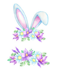 Watercolor rabbit ears. Easter illustrations with floral decoration