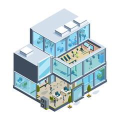 Business building isometric. Glass facade offices inside modern architecture elevators garish vector house. Facade office isometric with gym and lobby illustration