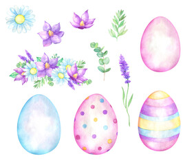 Fototapeta na wymiar Watercolor Easter painted eggs. flowers floral decor