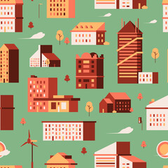 Houses seamless pattern. Urban buildings small city constructions garish vector background. Building architecture wrapping, backdrop trendy illustration
