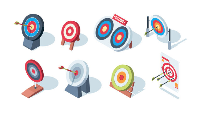 Arrow target. Archery goals game performance dartboards garish vector isometric pictures. Illustration aiming and achievement in marketing