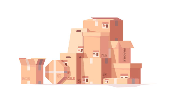 Packages stack. Delivery cardboard boxes cargo containers hills piles garish vector set. Illustration shipping box, cardboard stack, package parcel