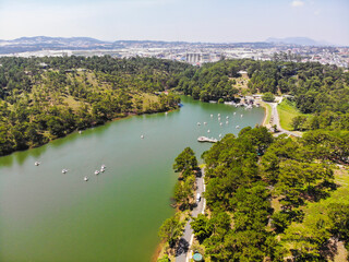 Aerial view of Love Valley park in Dalat, Vietnam is one of the most romantic sites of Da Lat city, with many deep valleys and endless pine forests