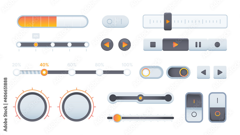 Poster sliders. volume progressive bar controls scrolling ui online elements garish vector set. control nav