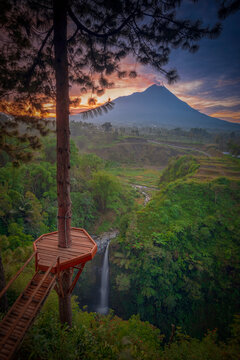 sunrise at the waterfall in the mountain
