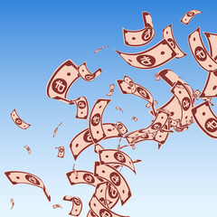 Fototapeta premium Russian ruble notes falling. Messy RUB bills on blue sky background. Russia money. Bewitching vector illustration. Wonderful jackpot, wealth or success concept.