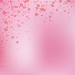 Red heart love confettis. Valentine's day falling rain classic background. Falling transparent hearts confetti on gentle background. Curious vector illustration.
