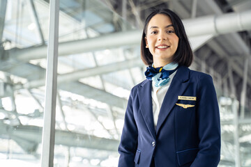 Portrait of caucasian flight attendant smiling and looking at camera.