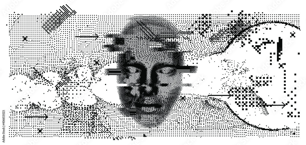 Aufkleber Abstract technology background with 3d face mask made of particles. Conceptual illustration of Artificial intelligence.