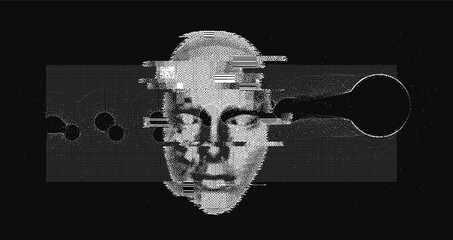 Abstract technology background with 3d face mask made of particles. Conceptual illustration of Artificial intelligence.