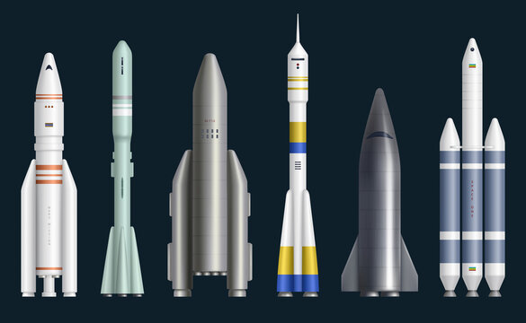 Rockets realistic. Cosmos spaceships for expedition rocket launch missles exploring universe decent vector pictures. Illustration power jet rocket, spaceship and spacecraft realistic
