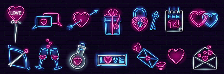 Set of neon Valentine's Day icons on dark brick wall background: heart with arrow, letter, chat, gift box, heartshape balloon. Love, romance, wedding concept. Vector 10 EPS illustration. - obrazy, fototapety, plakaty