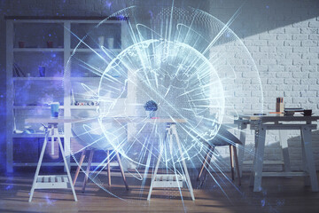 Double exposure of business theme drawing and office interior background. Concept of success