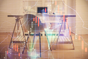 Multi exposure of financial graph drawing and office interior background. Concept of market...