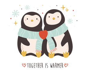 Funny illustration of two cute penguing. Romantic animal characters.